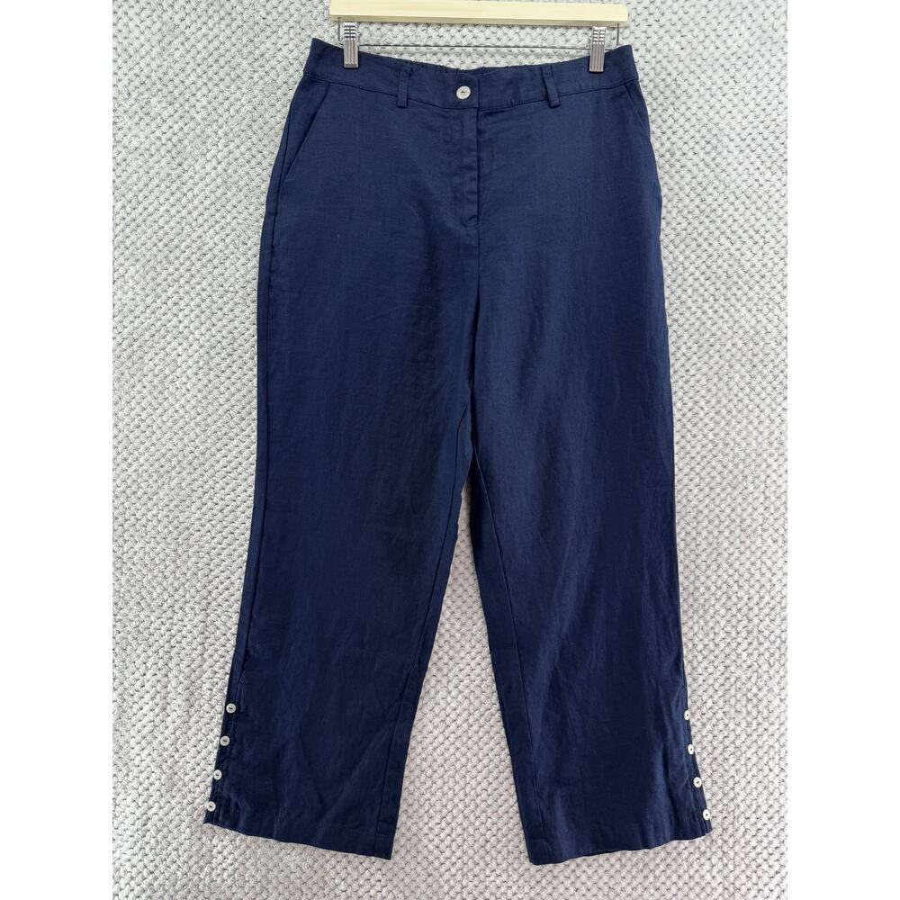 Tahari Linen Nautical Pants Womens Large Navy Blue High Rise Straight Leg New